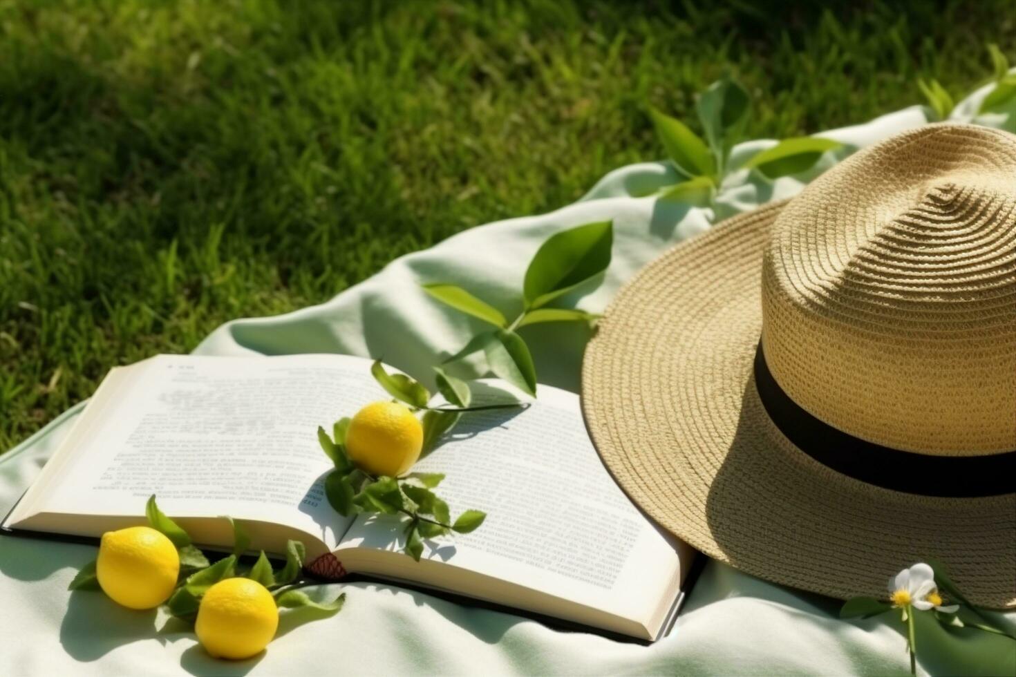 ai généré le déjeuner Pause dans le parc. pique-nique couverture avec un ouvert livre, citrons, plage sac et vaste bord paille chapeau sur une juteux vert fraîchement fraîchement tondu pelouse. génératif ai. photo