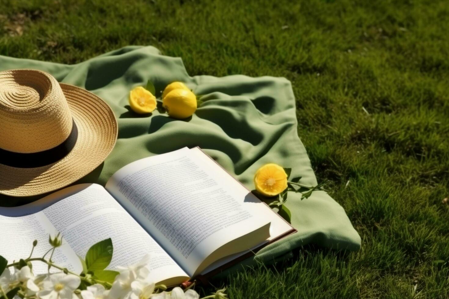 ai généré le déjeuner Pause dans le parc. pique-nique couverture avec un ouvert livre, citrons, plage sac et vaste bord paille chapeau sur une juteux vert fraîchement fraîchement tondu pelouse. génératif ai. photo