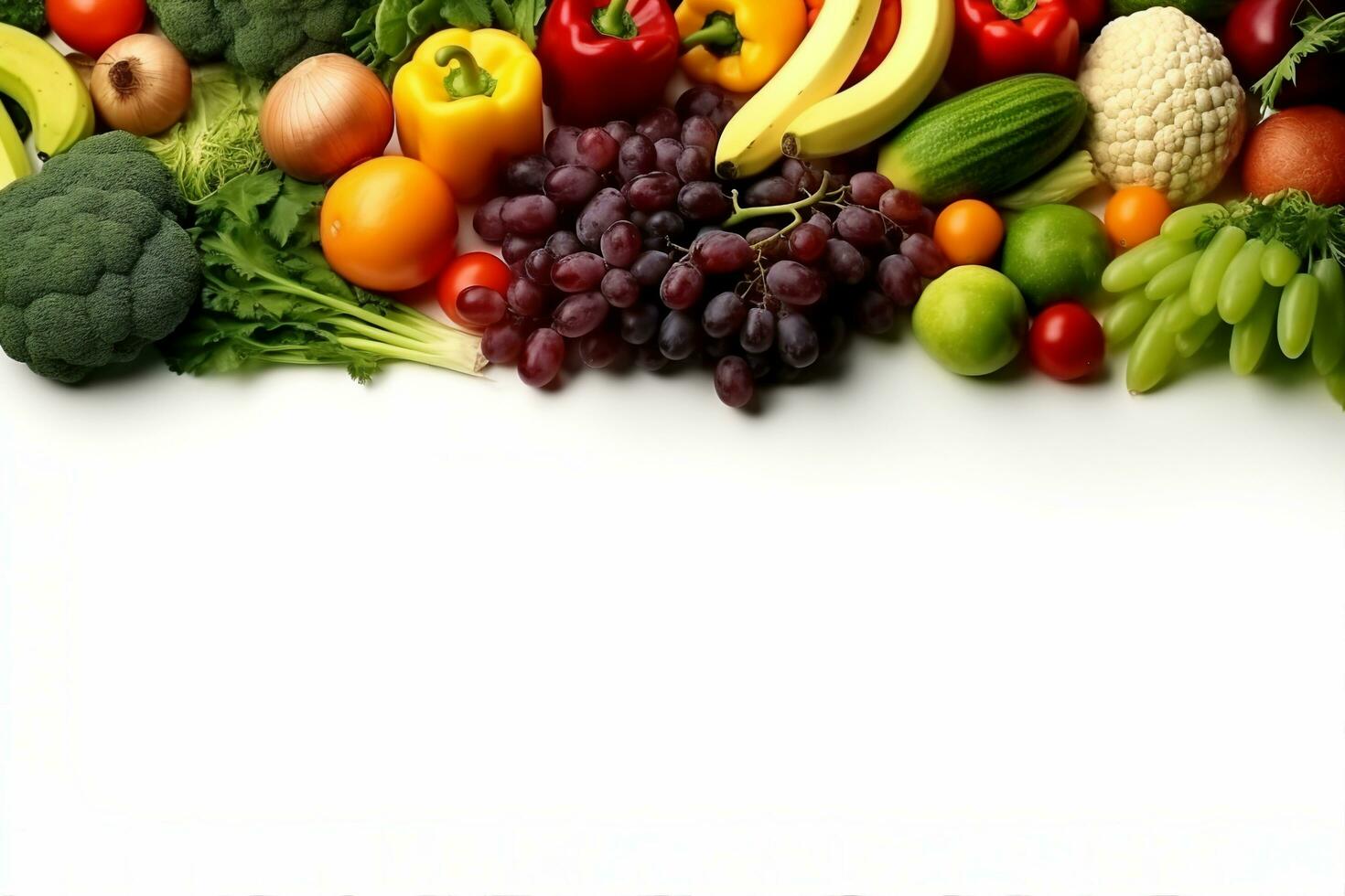 ai généré en bonne santé nourriture Contexte studio la photographie de différent des fruits et des légumes isolé sur blanc Contexte. proche en haut. copie espace. génératif ai. photo