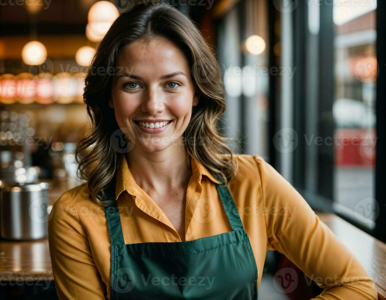 ai généré photo de magnifique femme comme une serveuse dans rétro à manger restaurant, génératif ai