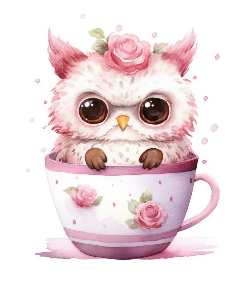 ai généré hibou dans tasse thé aquarelle isolé photo