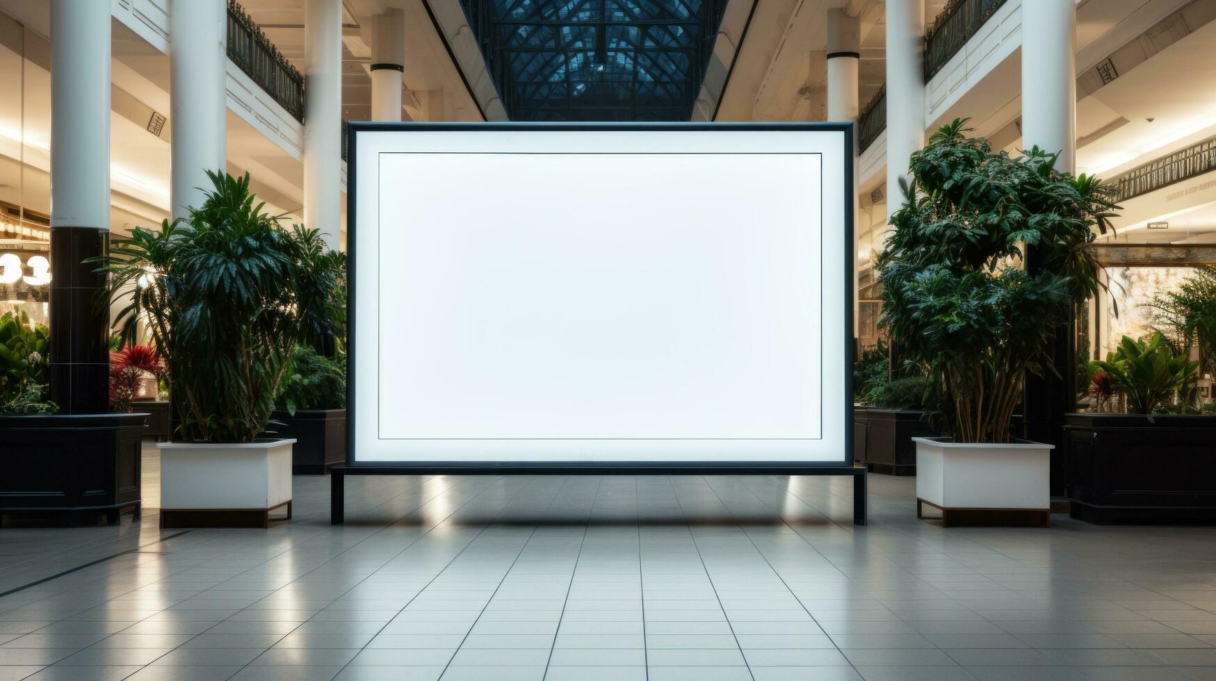 ai généré un énorme blanc planche dans une achats centre commercial photo