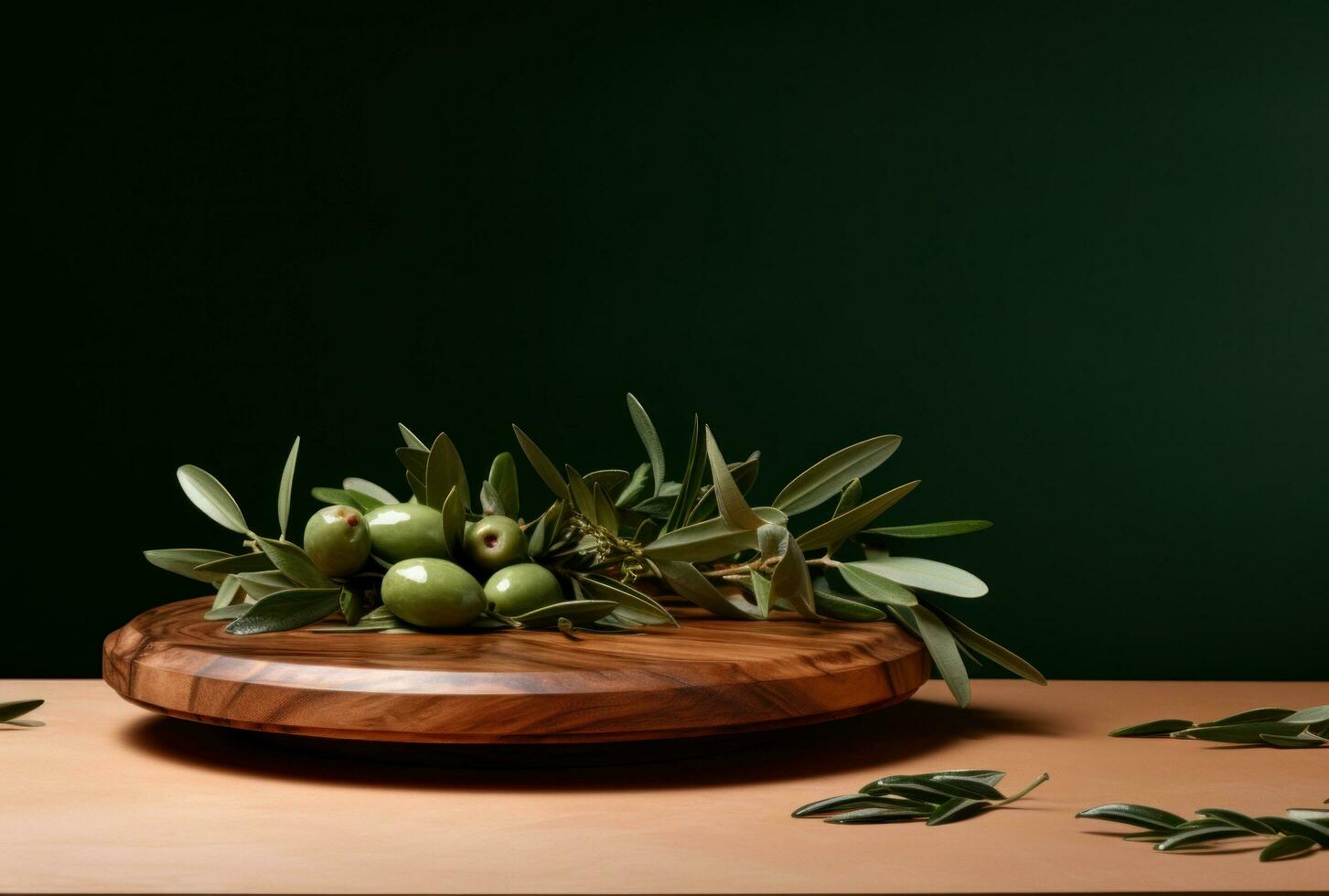 ai généré un olive bois sculpture plat séance sur vert feuilles toile de fond photo