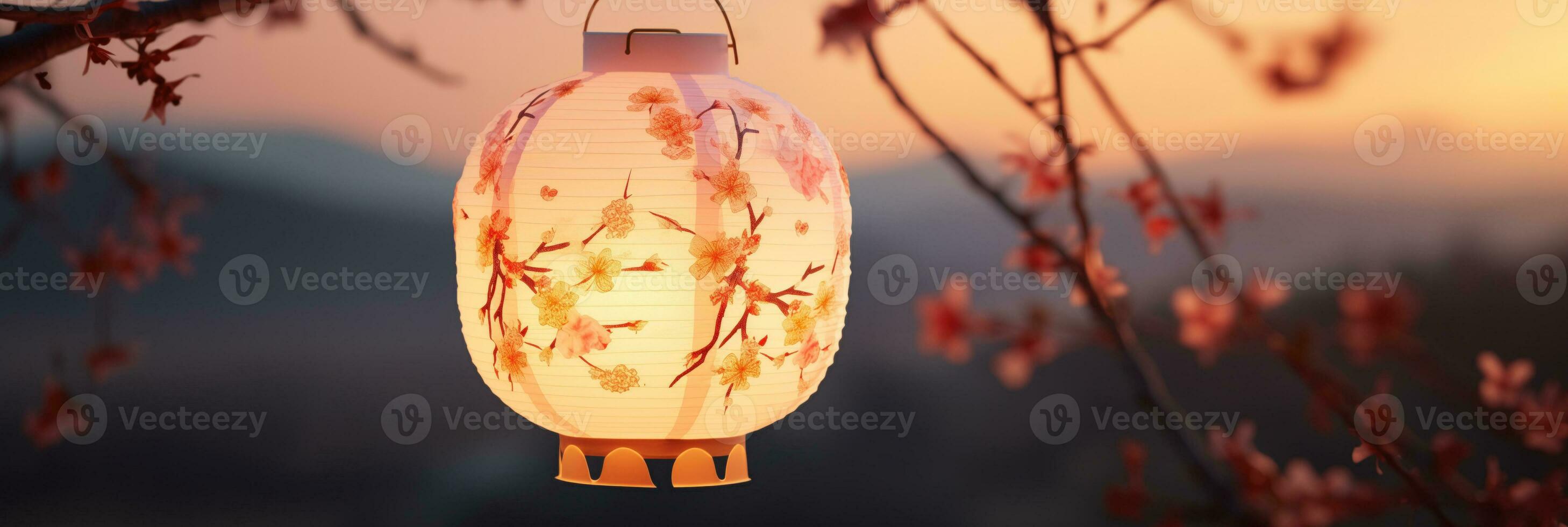 ai généré une ouvré papier lanterne avec doux floral dessins et émettant une chaud lumière contre une atténuation ciel photo