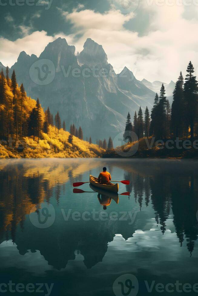 ai généré homme pagayer dans une canoë sur une Lac dans le montagnes photo