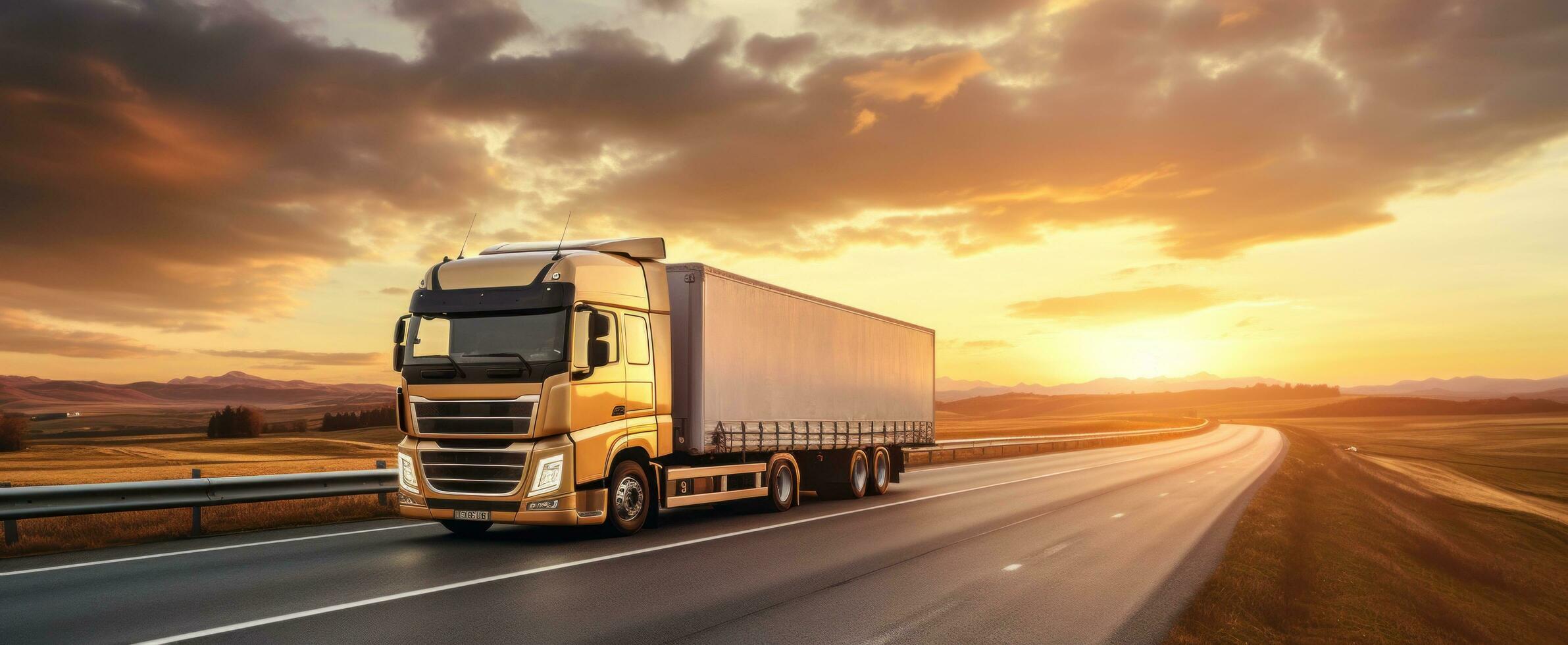 ai généré une blanc semi un camion est en voyageant sur une route cette a une le coucher du soleil sur il photo