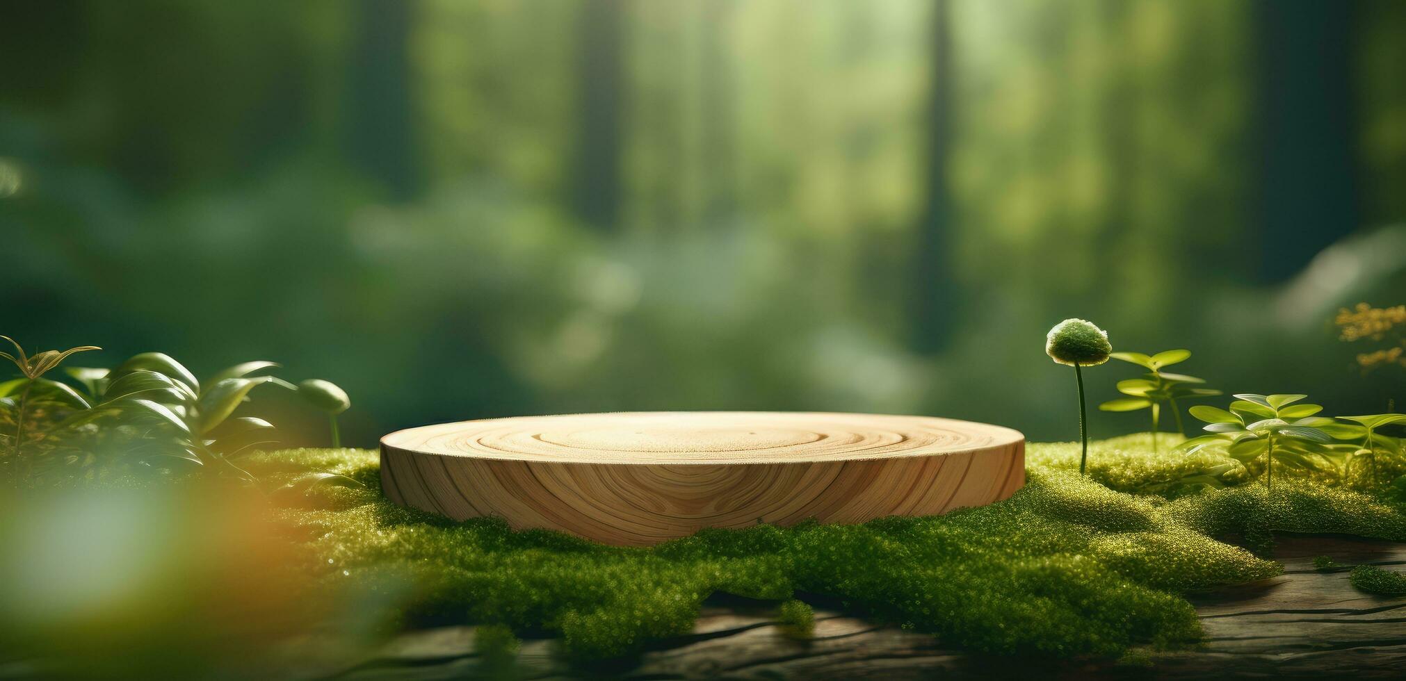 ai généré une petit en bois Plate-forme est assis sur Haut de le légumes verts dans de face de une forêt photo