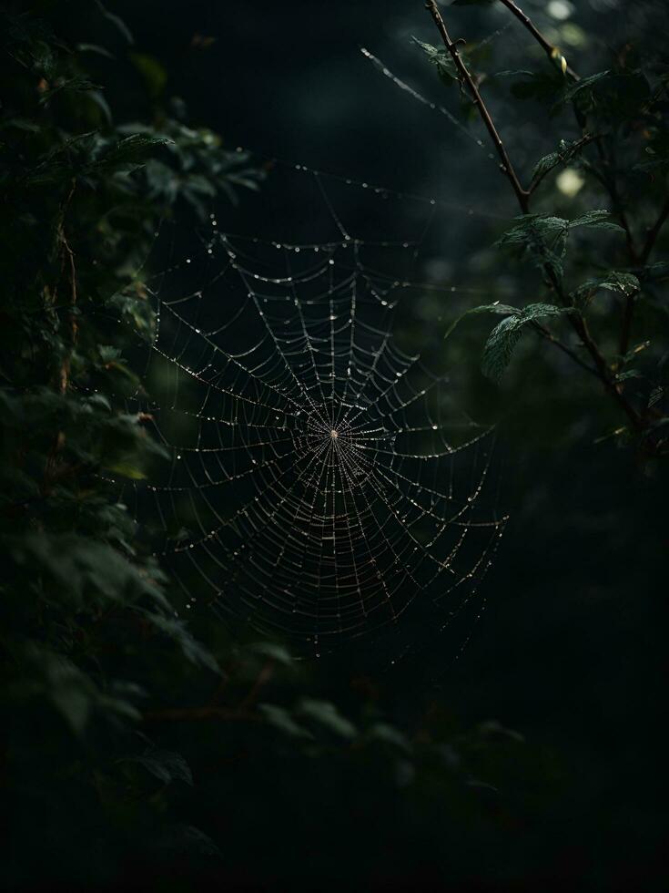 ai généré toiles d'araignées à nuit, ai généré. photo
