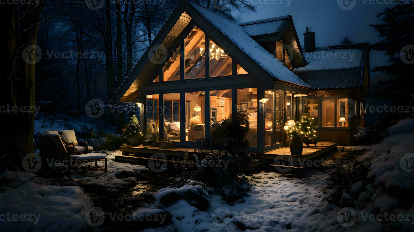 ai généré nuit vue de confortable chalet dans neigeux forêt. Noël et Nouveau année concept photo