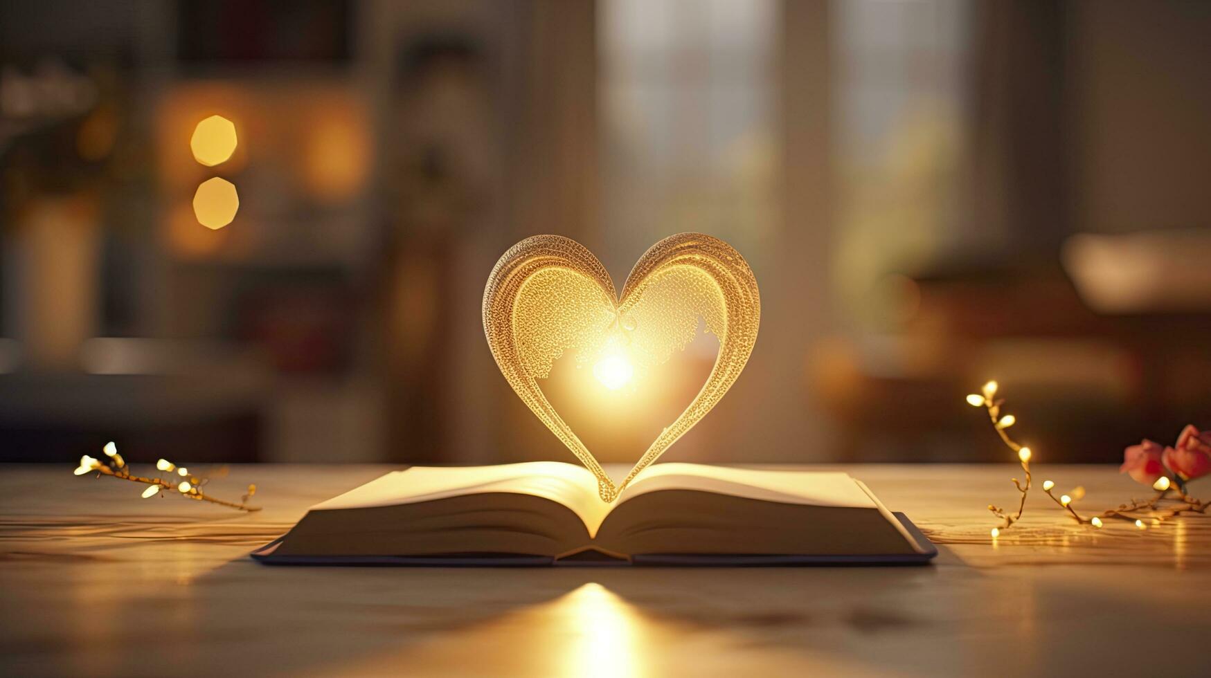 ai généré livre avec l'amour symbole sur d'or Contexte photo