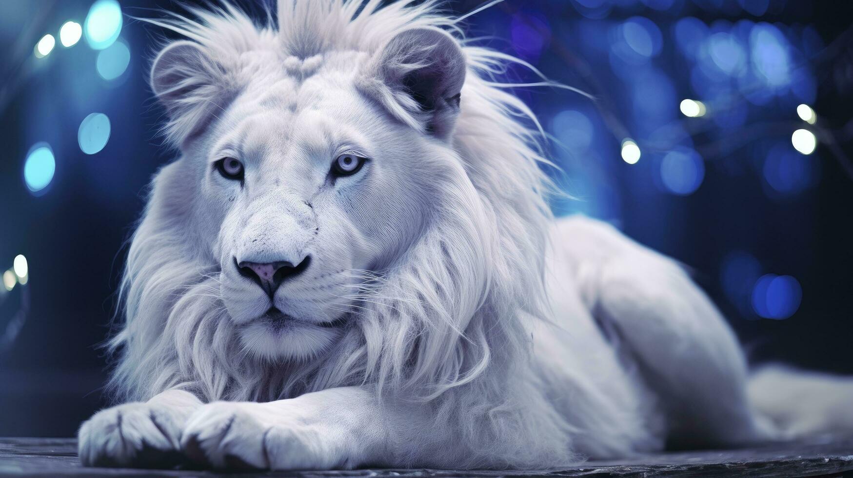 ai généré une blanc Lion capturé dans bleu iridescent teintes, foncé romantique style, fermer coups, avec briller, bokeh, et une faire le ménage, minimaliste esthétique. photo