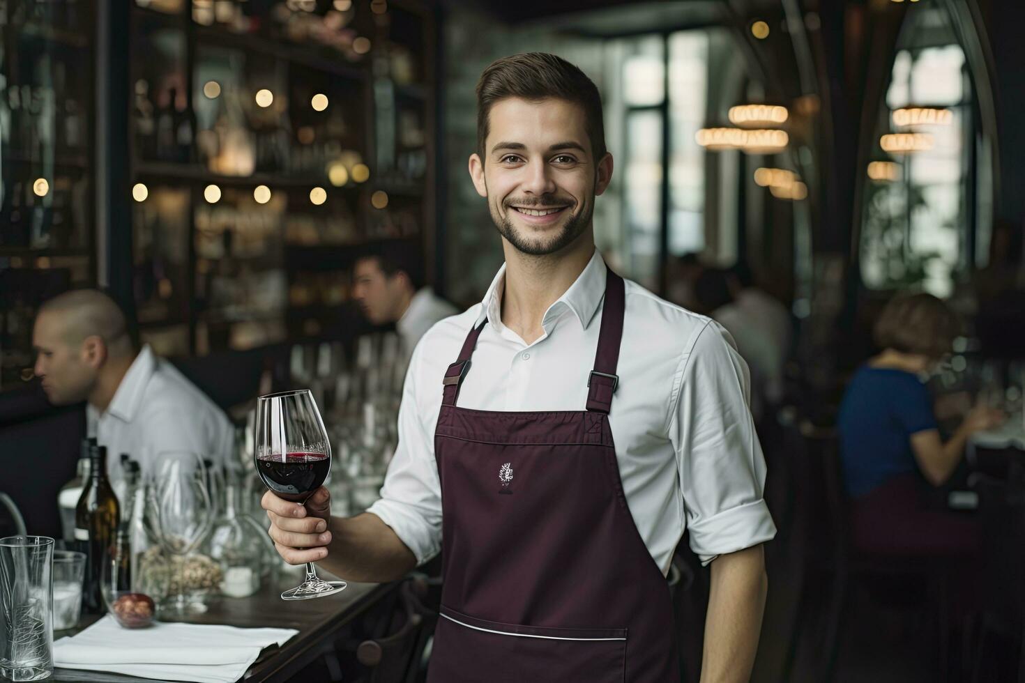 ai généré souriant homme est portion du vin dans une restaurant photo