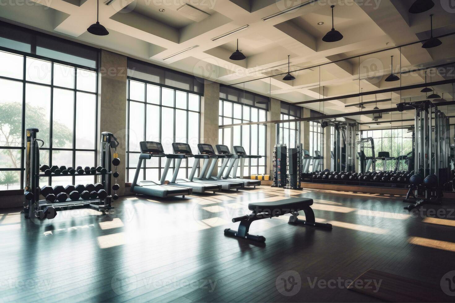 ai généré moderne lumière salle de sport. des sports équipement dans salle de sport, ai génératif photo