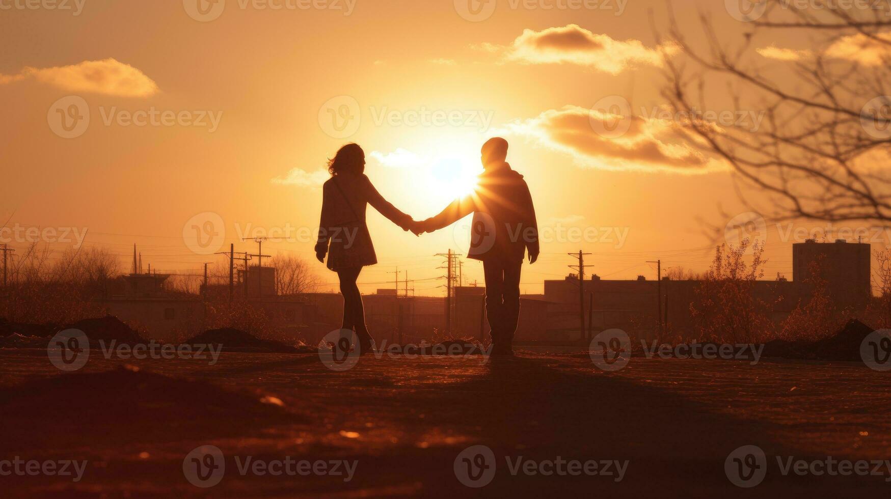 ai généré une couple en portant mains comme le Soleil ensembles derrière eux, ai génératif photo