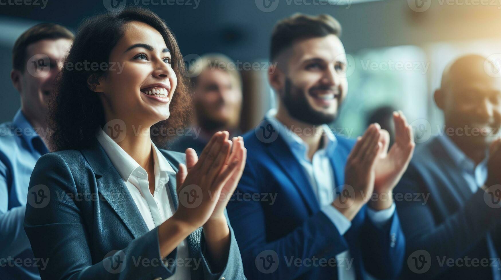 ai généré affaires équipe applaudir mains à une conférence, groupe de gens applaudir mains, ai génératif photo