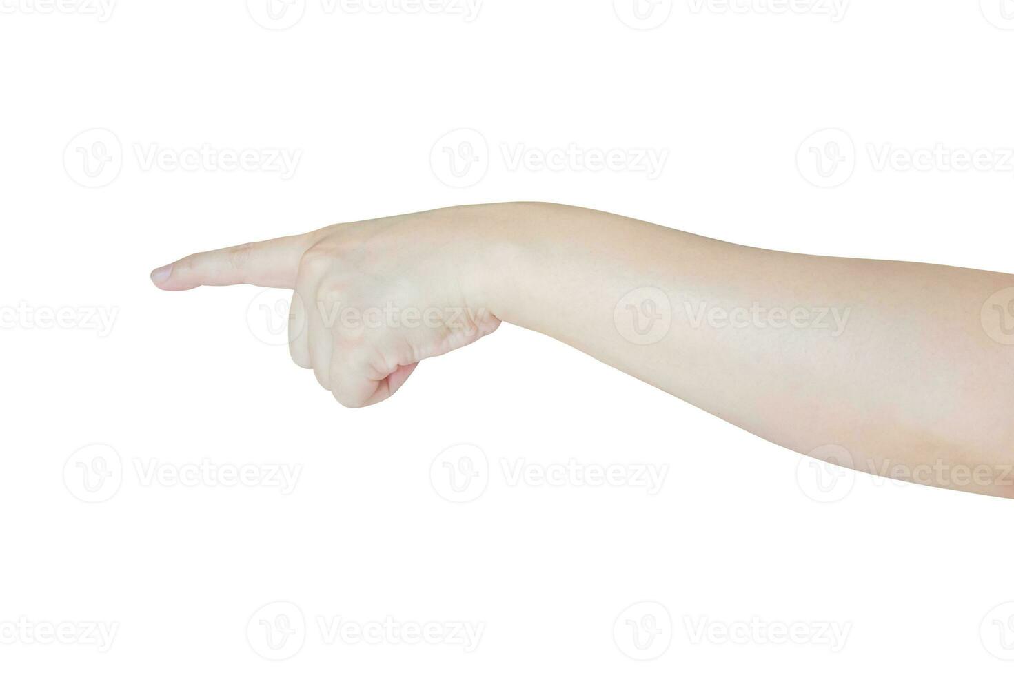 femelle main émouvant ou montrer du doigt à quelque chose isolé sur blanc Contexte photo