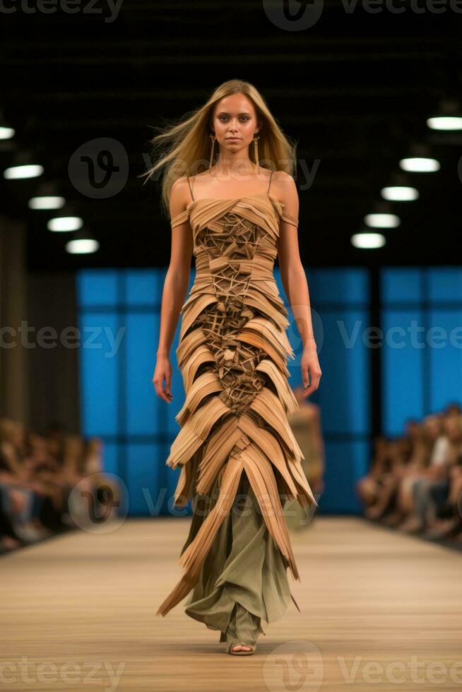 ai généré une femme en marchant vers le bas une piste dans un élaborer robe fabriqué de sec grand feuilles, ai photo