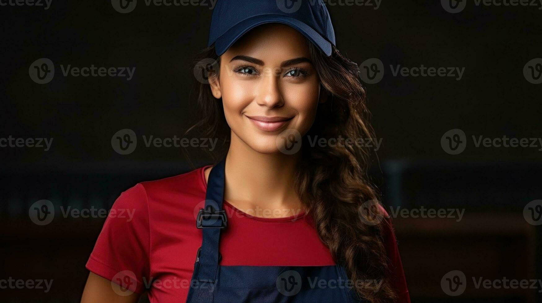 ai généré une femme dans une rouge chemise et une bleu chapeau, ai photo