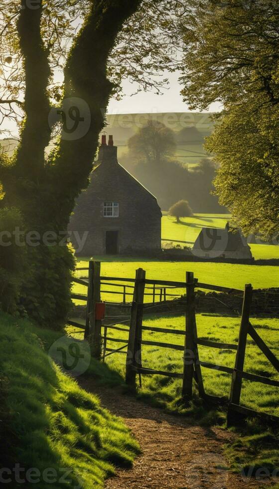 ai généré sérénité dans le Anglais campagne une aperçu dans rural ferme la vie photo