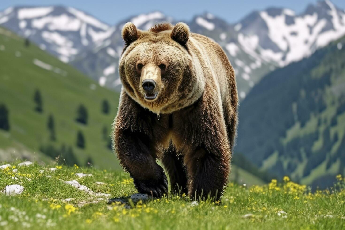 ai généré marron ours en mouvement sur le vert Prairie dans printemps la nature. ai généré photo