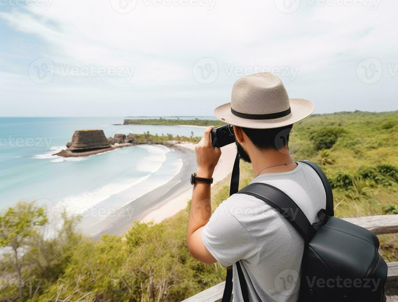 ai généré une photographier de voyageur ou routard dans le plage avec une beaucoup style et beaucoup angle photo