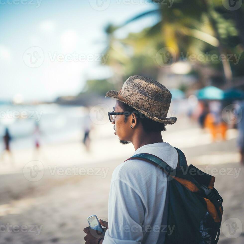 ai généré une photographier de voyageur ou routard dans le plage avec une beaucoup style et beaucoup angle photo