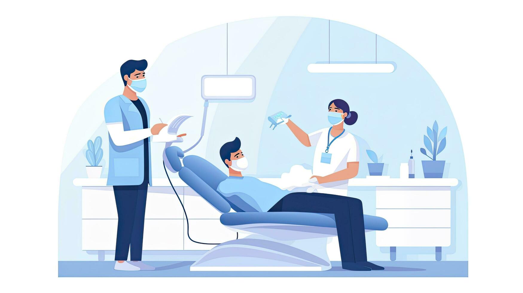 ai généré minimaliste ui illustration de une dentiste performant une vérification dans une plat illustration style sur une blanc Contexte photo