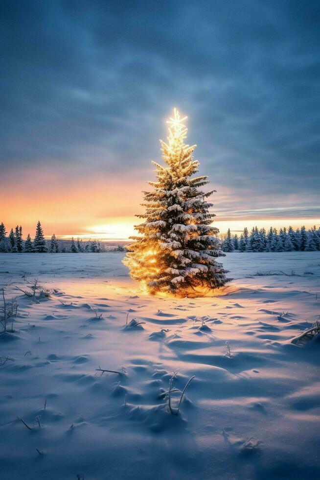 pin des arbres ou décoré Noël arbre couvert par neige sur magnifique l'hiver. Noël thème en plein air par ai généré photo