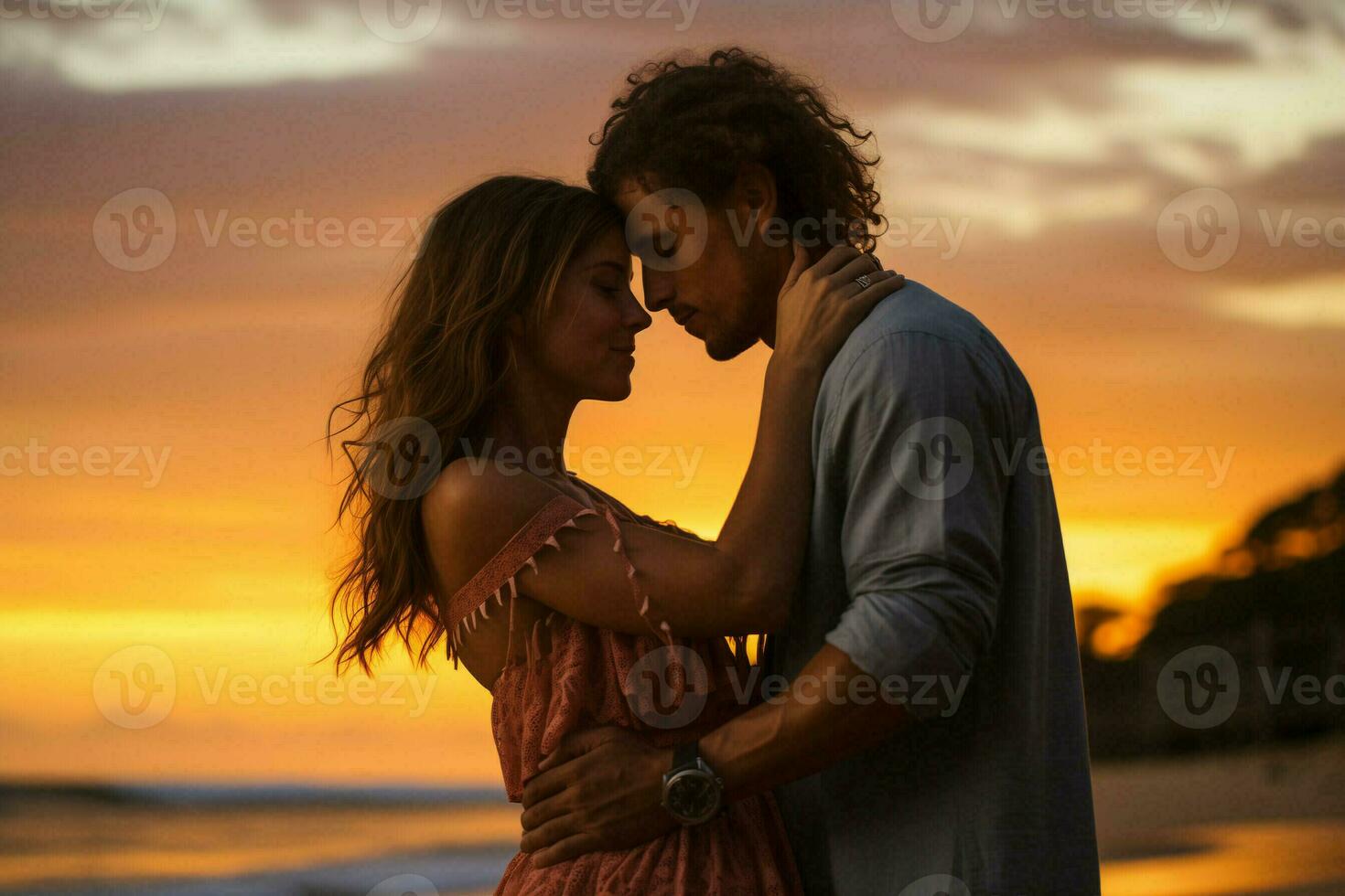 ai généré couple étreindre sur le plage avec une vif le coucher du soleil Contexte photo