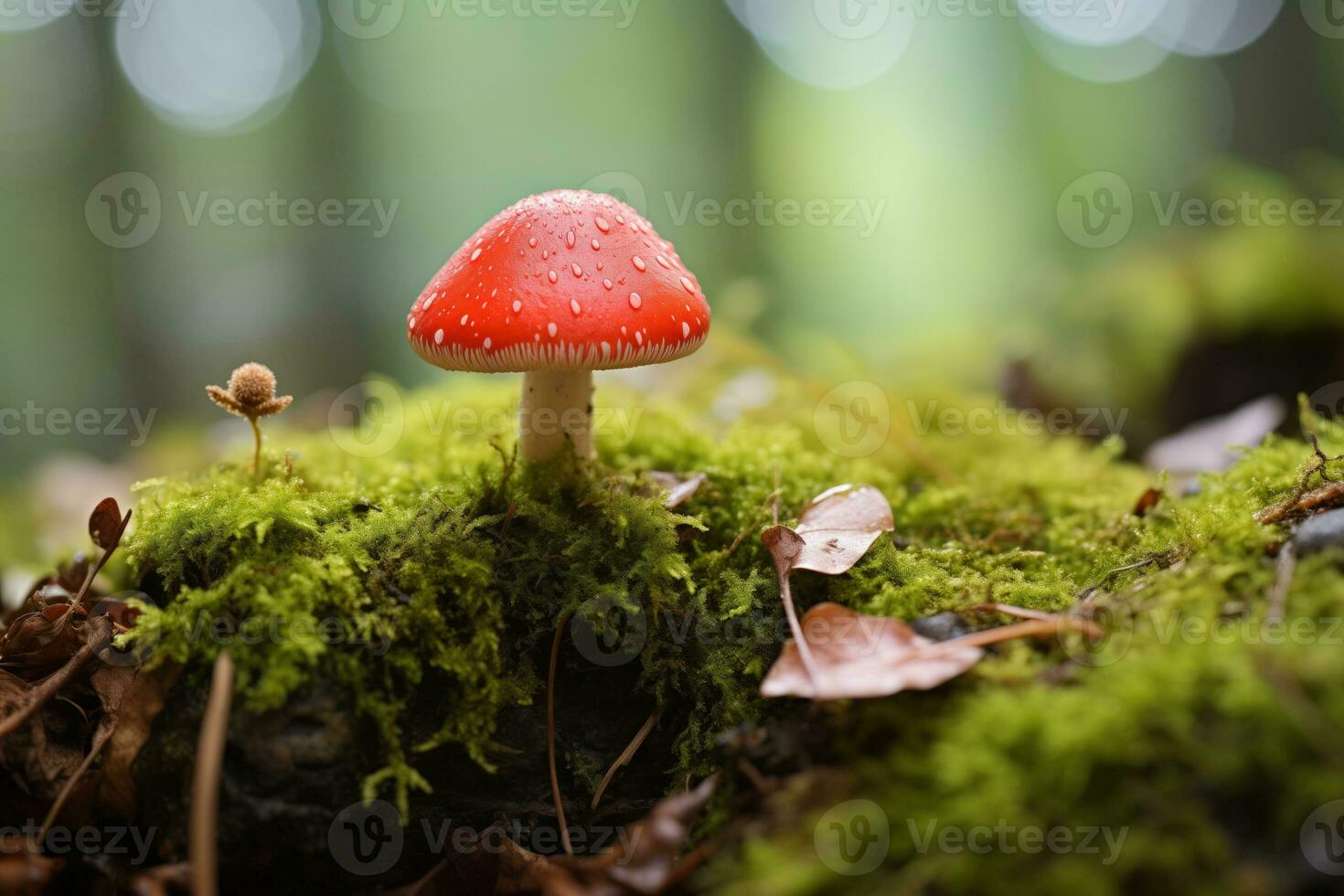 ai généré solitaire rouge champignon dans brumeux forêt photo