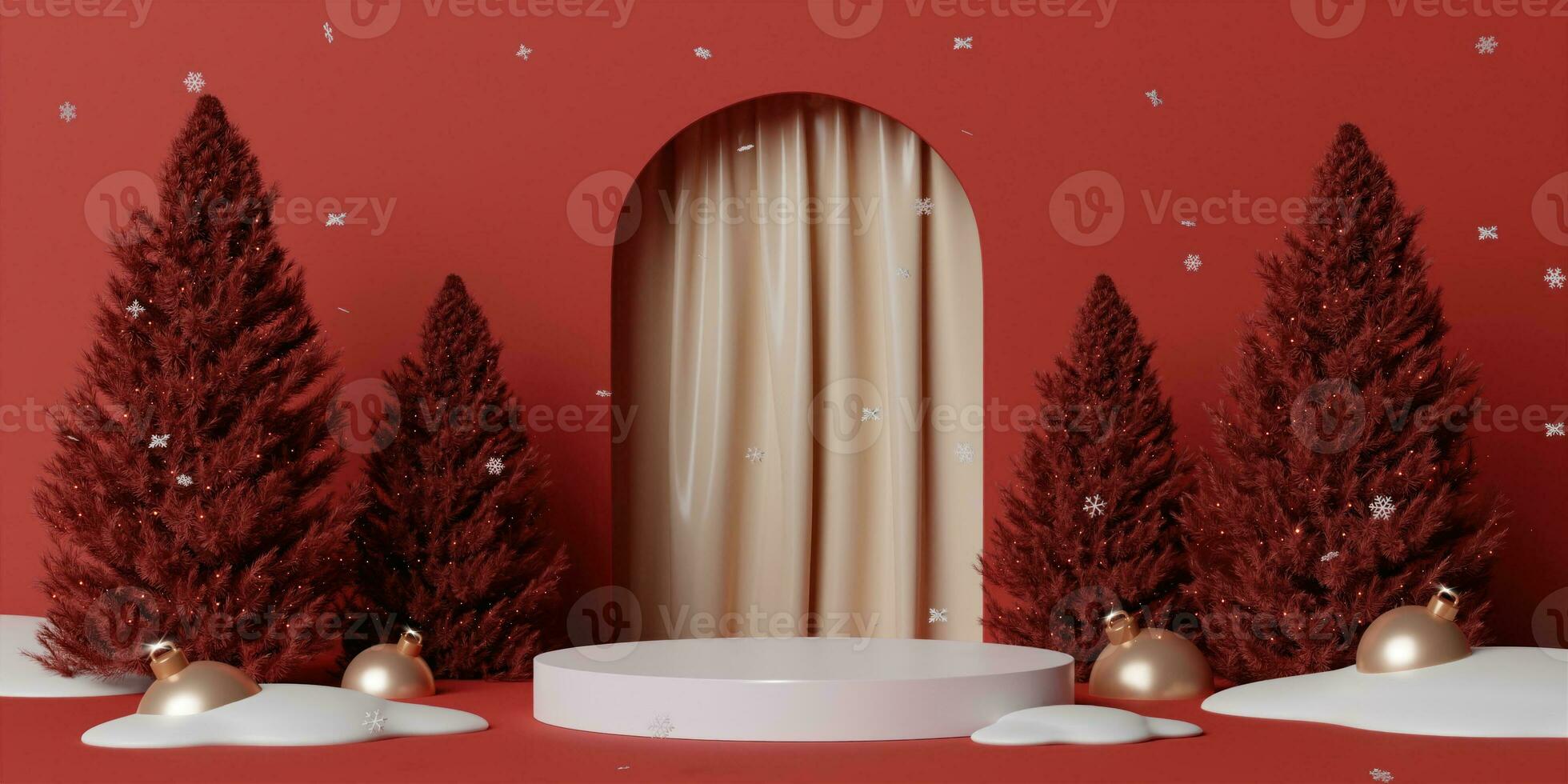 3d Noël arbre podium. réaliste 3d avec conception étape podium. décoratif de fête éléments verre babiole des balles. Noël vacances modèle podium. photo