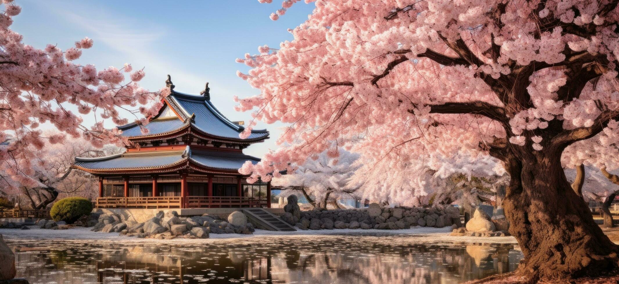 ai généré le magnifique épanouissement Cerise arbre dans de face de le magnifique pagode photo