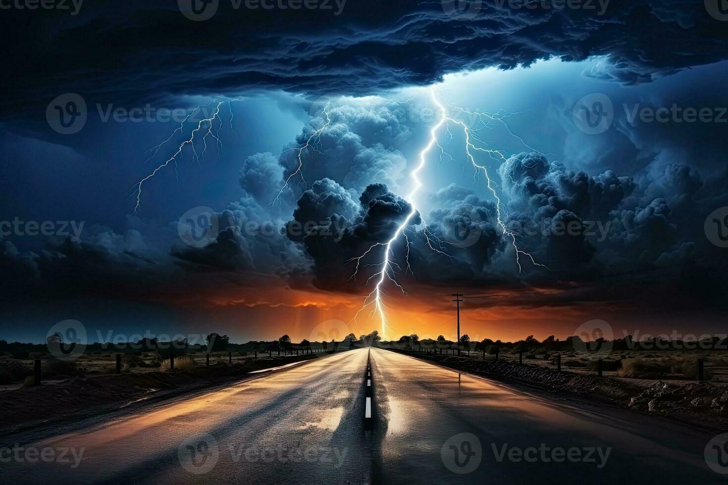 ai généré image de des orages et couvert ciels. vue de une longue route à l'extérieur le ville par génératif ai. photo