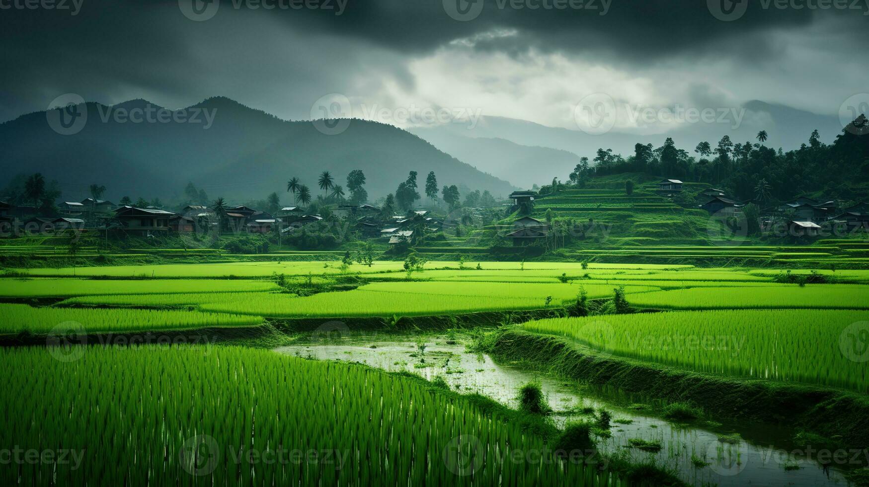 ai généré vert riz des champs dans le pluvieux saison magnifique Naturel paysage photo