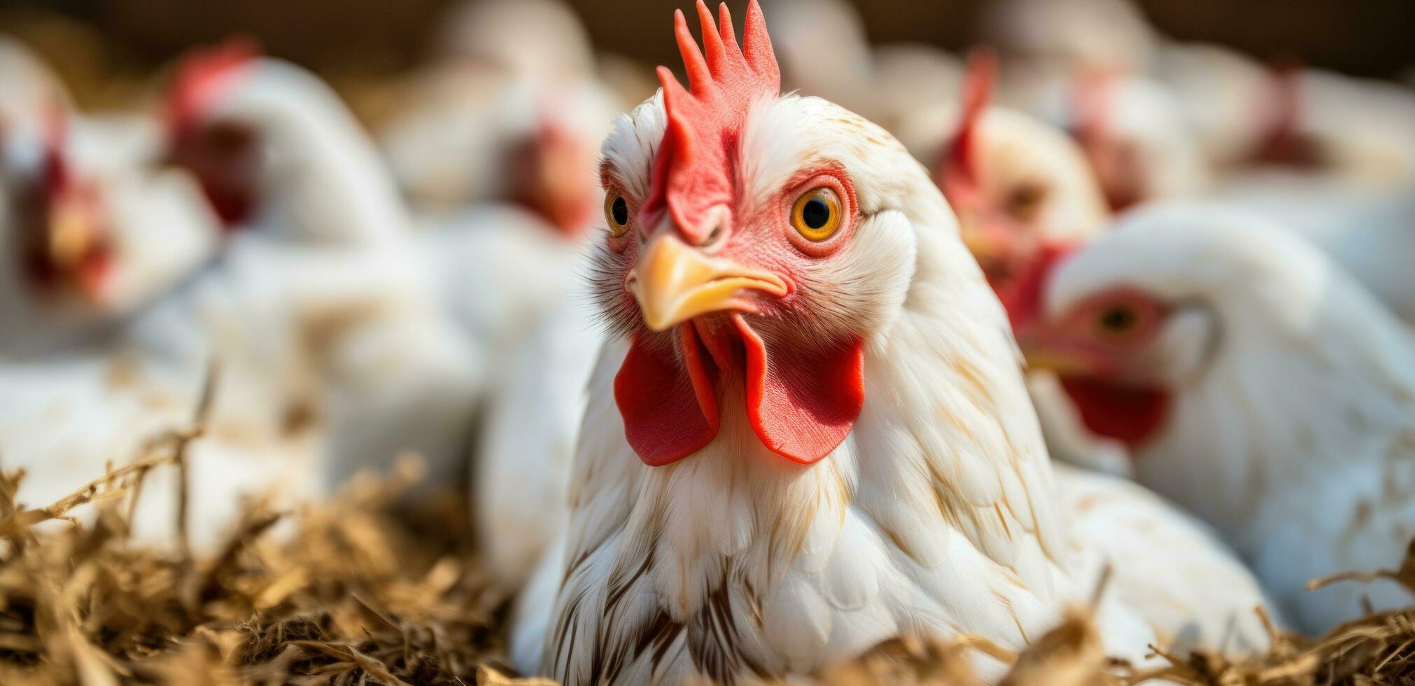 ai généré beaucoup poulets dans foins séance sur blanc des œufs photo