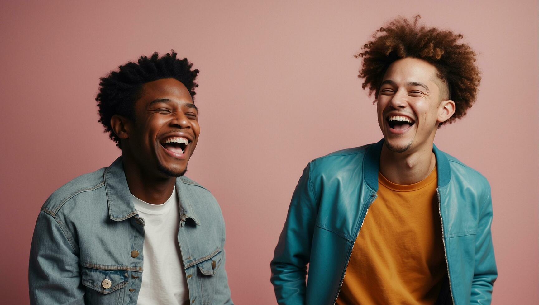 ai généré deux interracial meilleur copains en riant et ayant une bien temps ensemble dans une studio photo