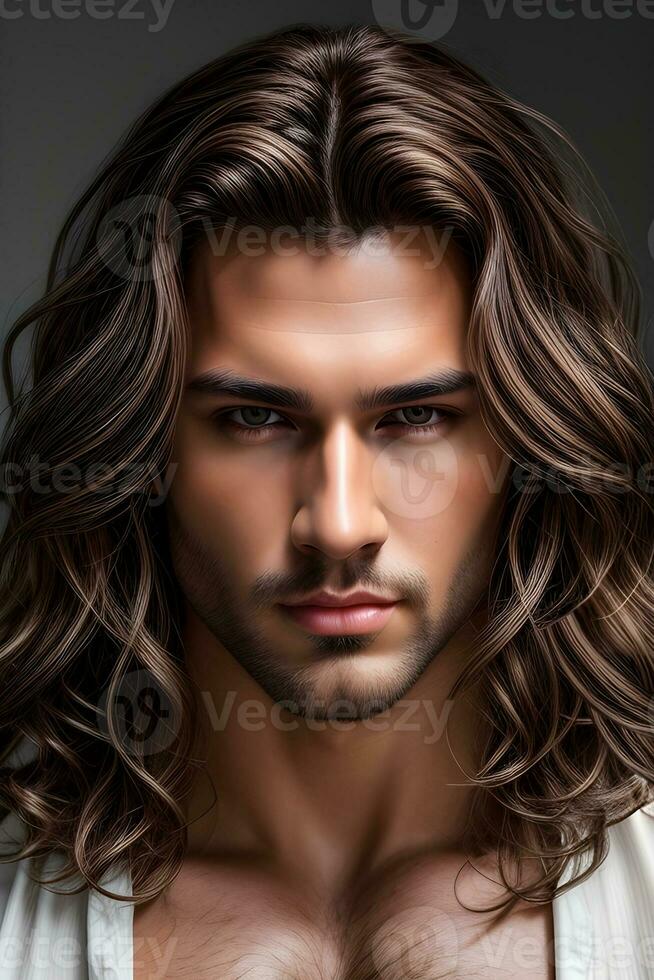 ai généré portrait de une Beau homme avec longue ondulé marron cheveux photo