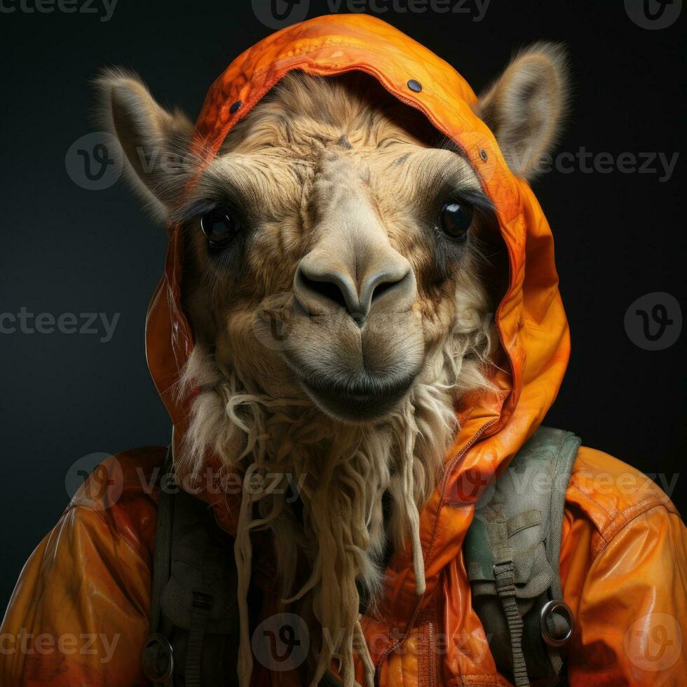 ai généré nuit vue photo réaliste chameau dans homme costume à la recherche à caméra avec peindre manteau génératif ai