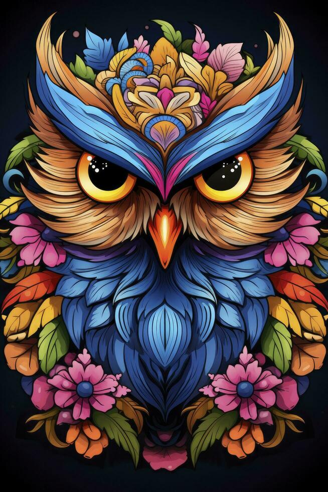 ai généré multicolore mandala hibou coloration page pour adultes. ai généré photo