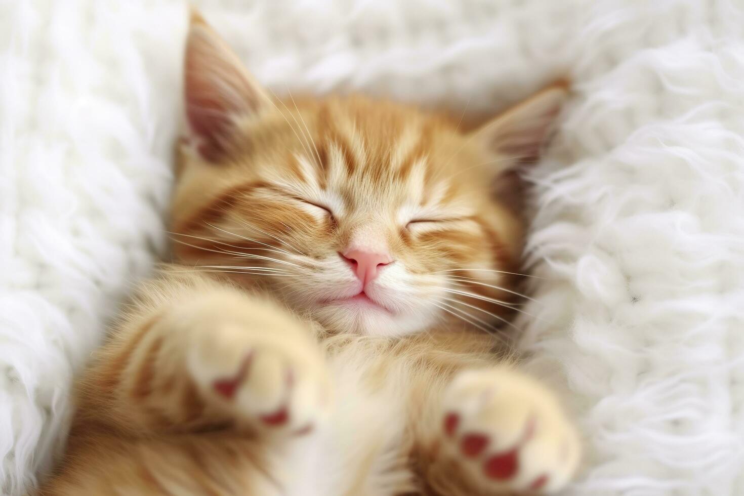 ai généré rouge chaton, chat en train de dormir mignonne sur blanc fourrure. génératif ai photo