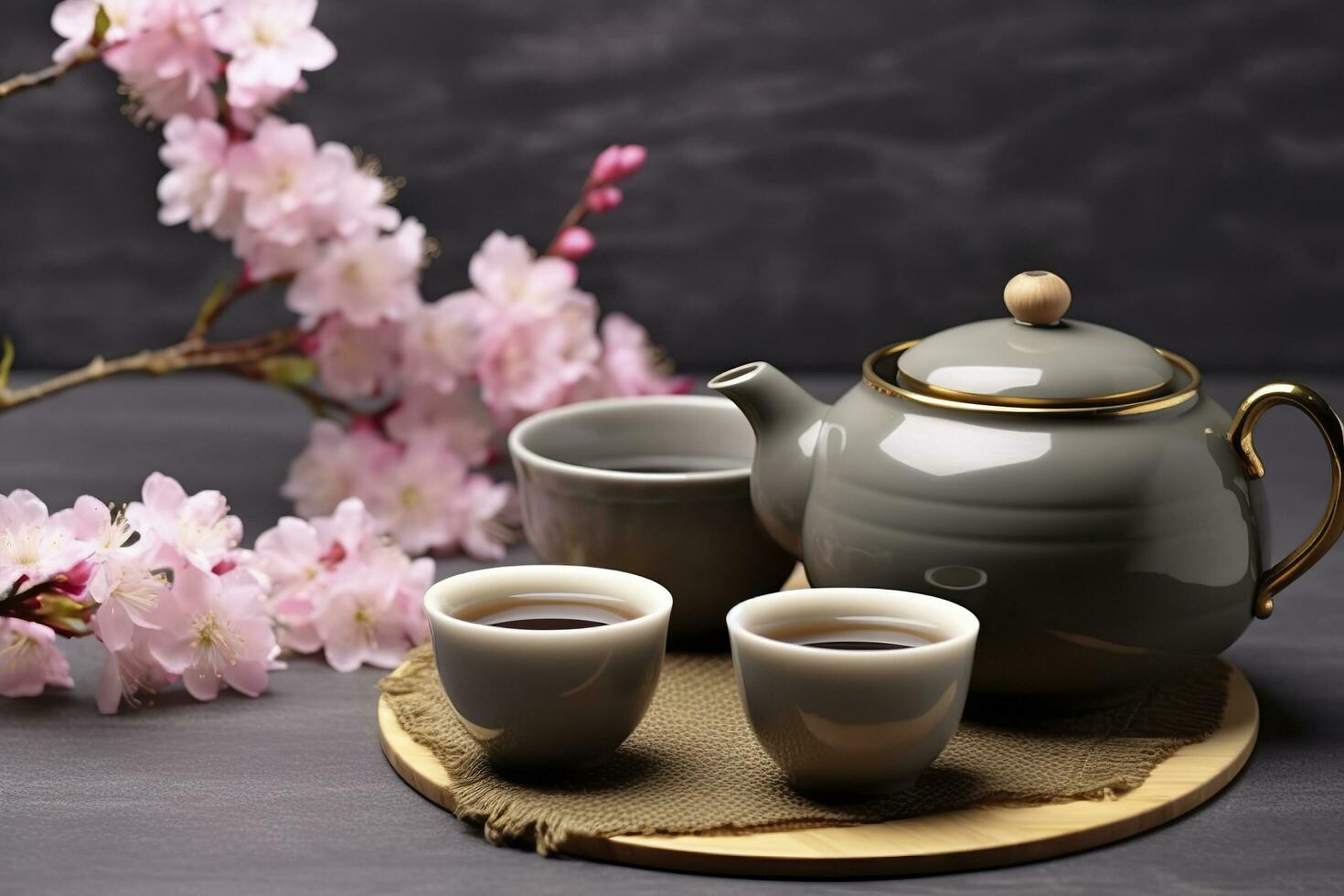 ai généré traditionnel cérémonie. tasses de brassée thé, théière et Sakura fleurs sur gris tableau. génératif ai photo