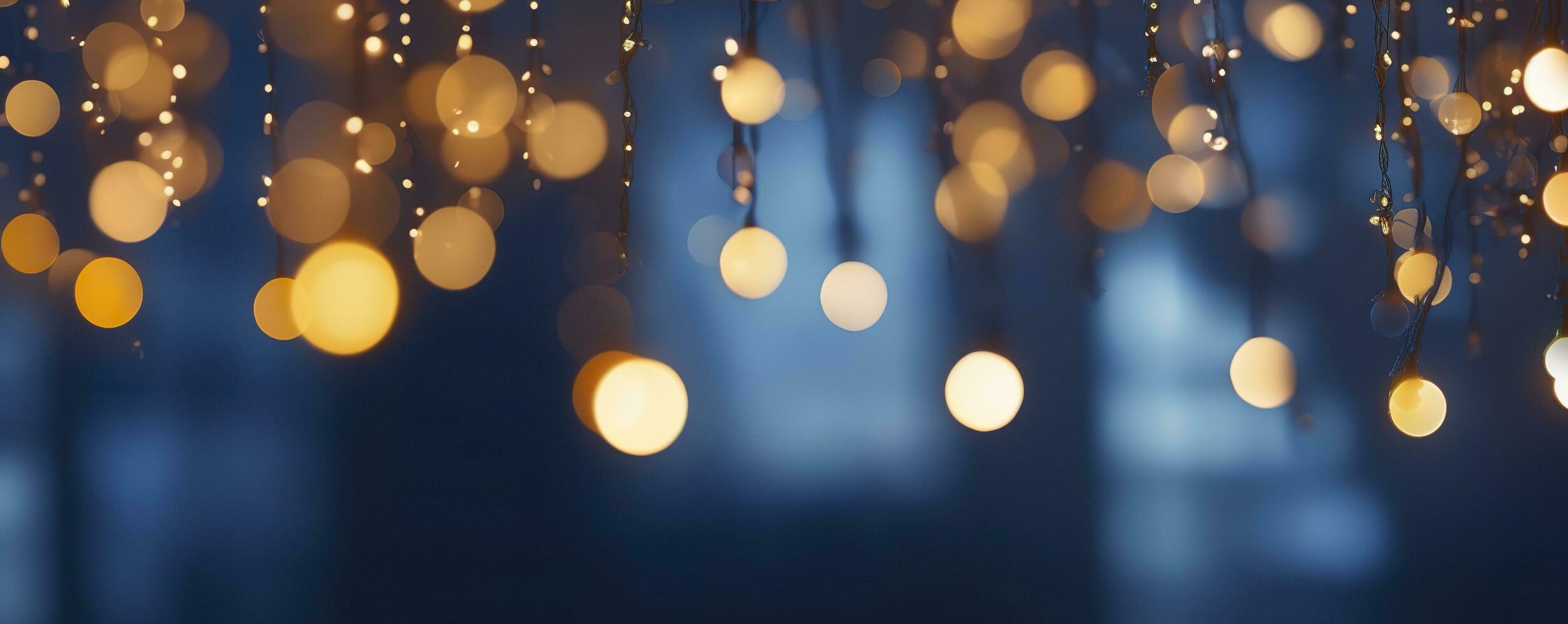 ai généré vacances éclairage et décoration concept, Noël guirlande bokeh lumières plus de foncé bleu Contexte. ai généré photo