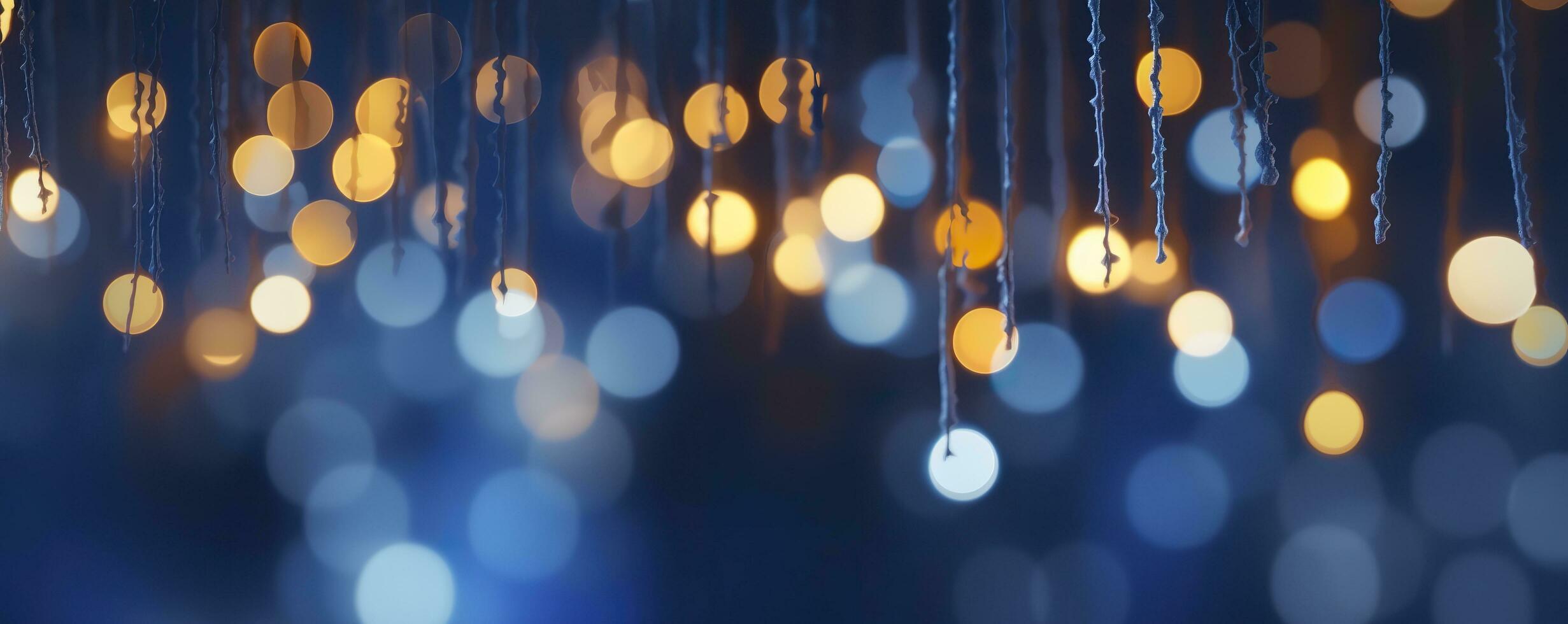 ai généré vacances éclairage et décoration concept, Noël guirlande bokeh lumières plus de foncé bleu Contexte. ai généré photo