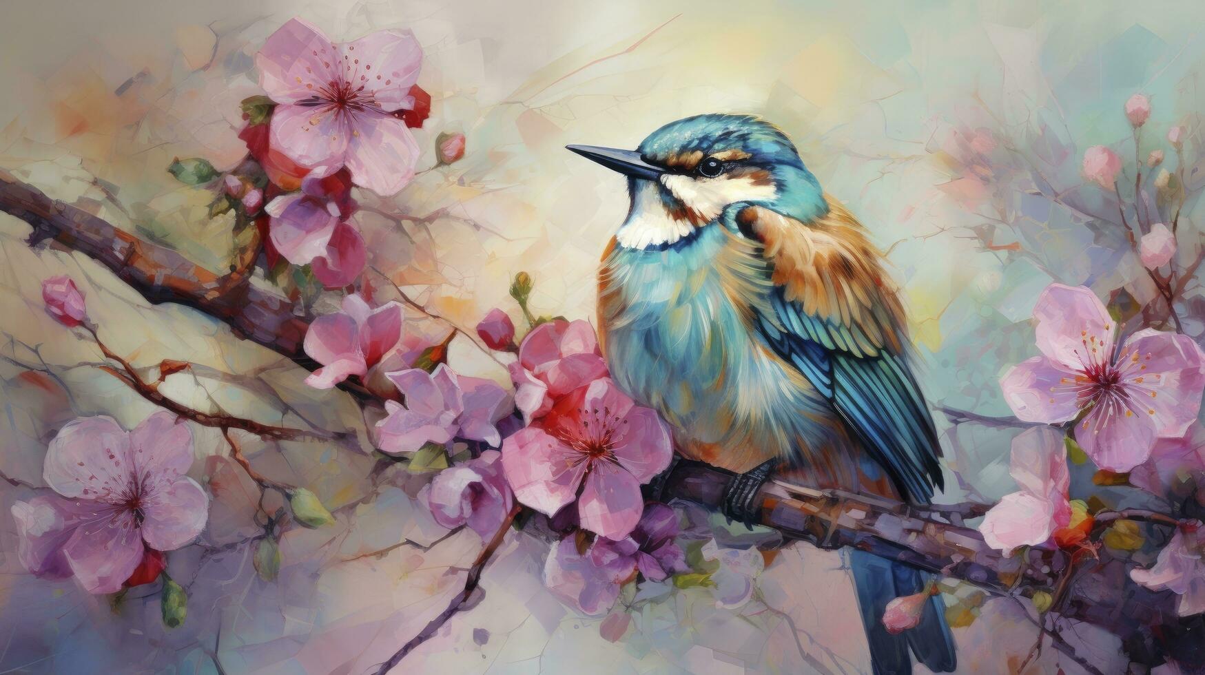 ai généré harmonie dans la nature ancien Japonais style La peinture représentant une coloré oiseau au milieu de fleurs, des roses, branches, et papillons. une étourdissant ouvrages d'art idéal pour intérieur décor. photo
