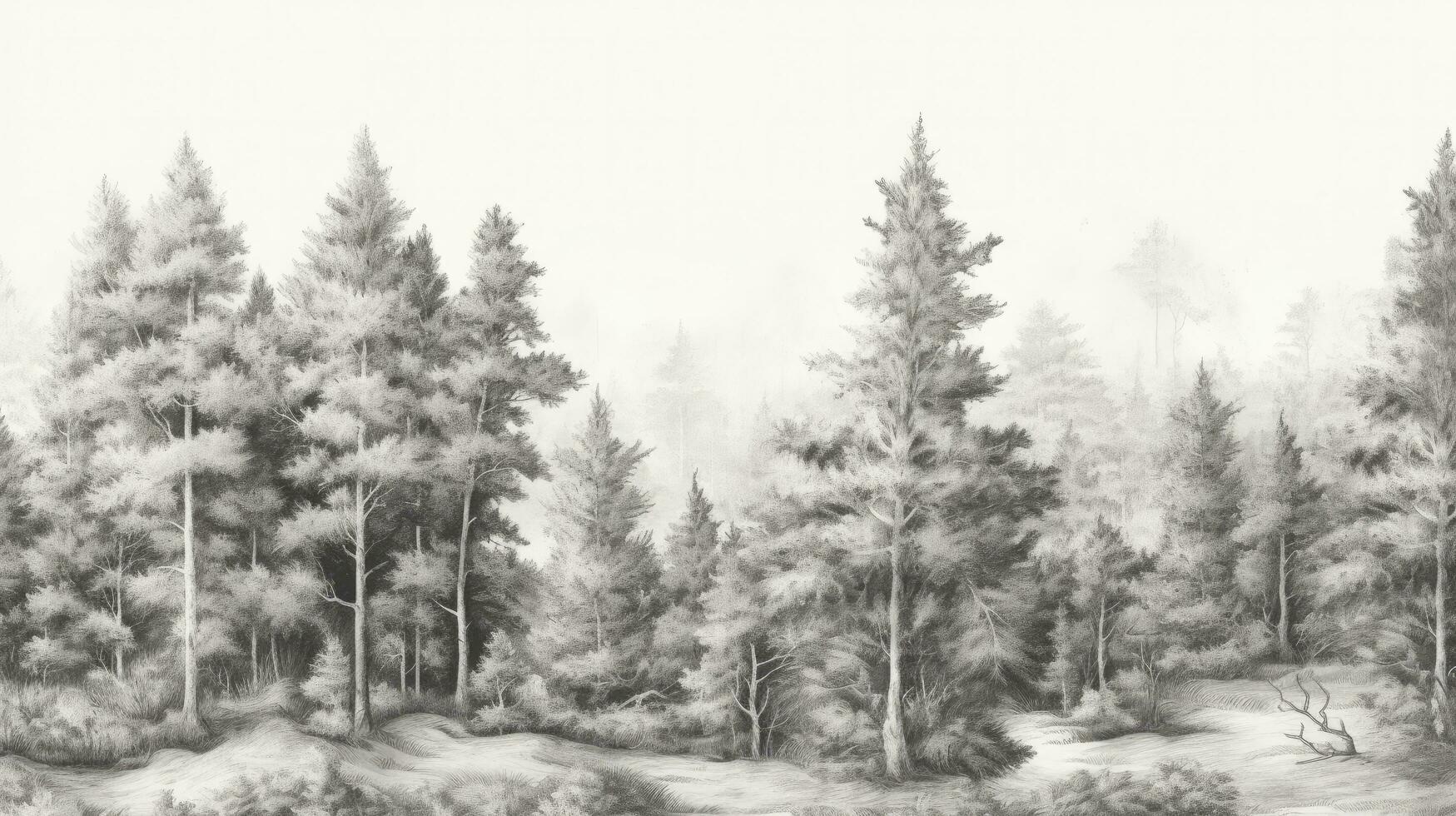 ai généré ancien fond d'écran modèle représentant le ancien européen les forêts, rendu dans noir et blanc dans une classique dessin style. photo