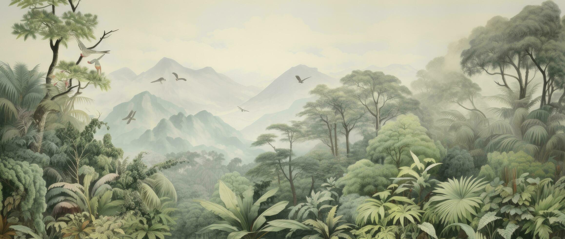 ai généré ancien aquarelle mural. australien paysage représentant tropical forêt scènes avec animaux au milieu de le des arbres, capturer le essence de vieux des illustrations dans une grand échelle ouvrages d'art. photo