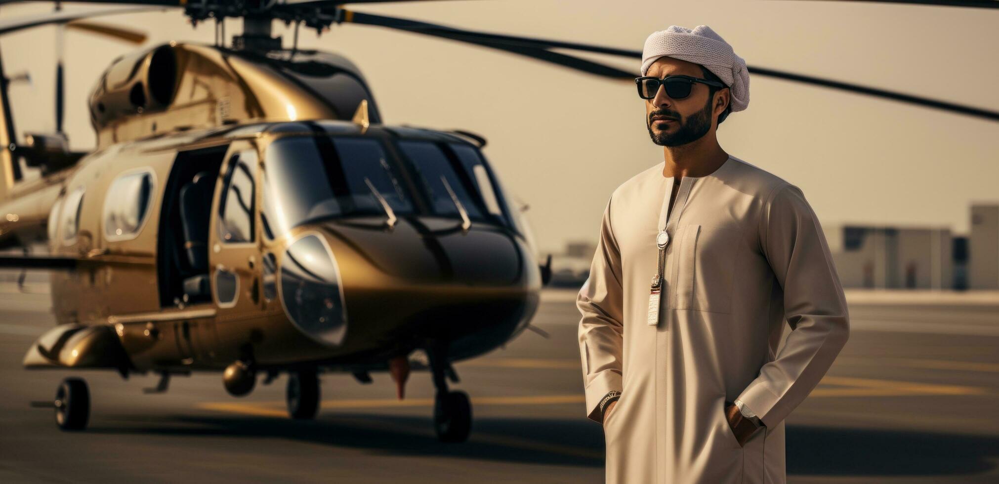 ai généré le homme, portant un Émirats arabes unis uniforme, regards à le hélicoptère photo