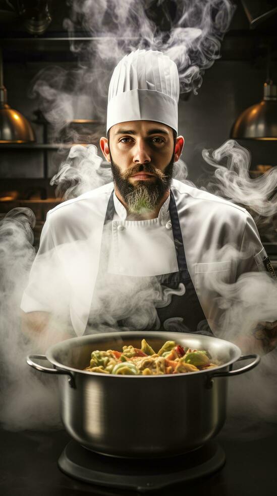 ai généré une chef en portant une fumant pot de soupe, avec vapeur en hausse autour le sien visage photo