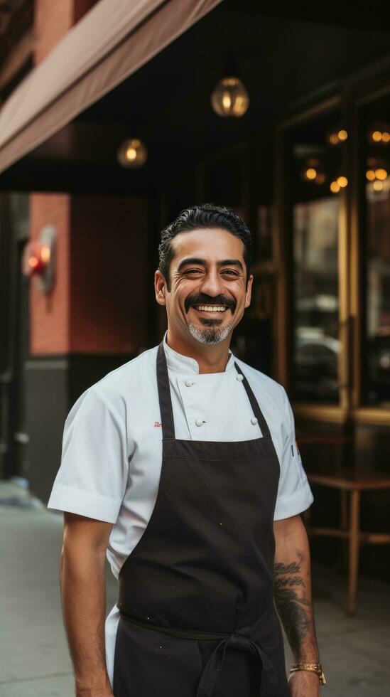 ai généré chef permanent fièrement dans de face de une restaurant, portant le sien du chef veste et une gros sourire photo