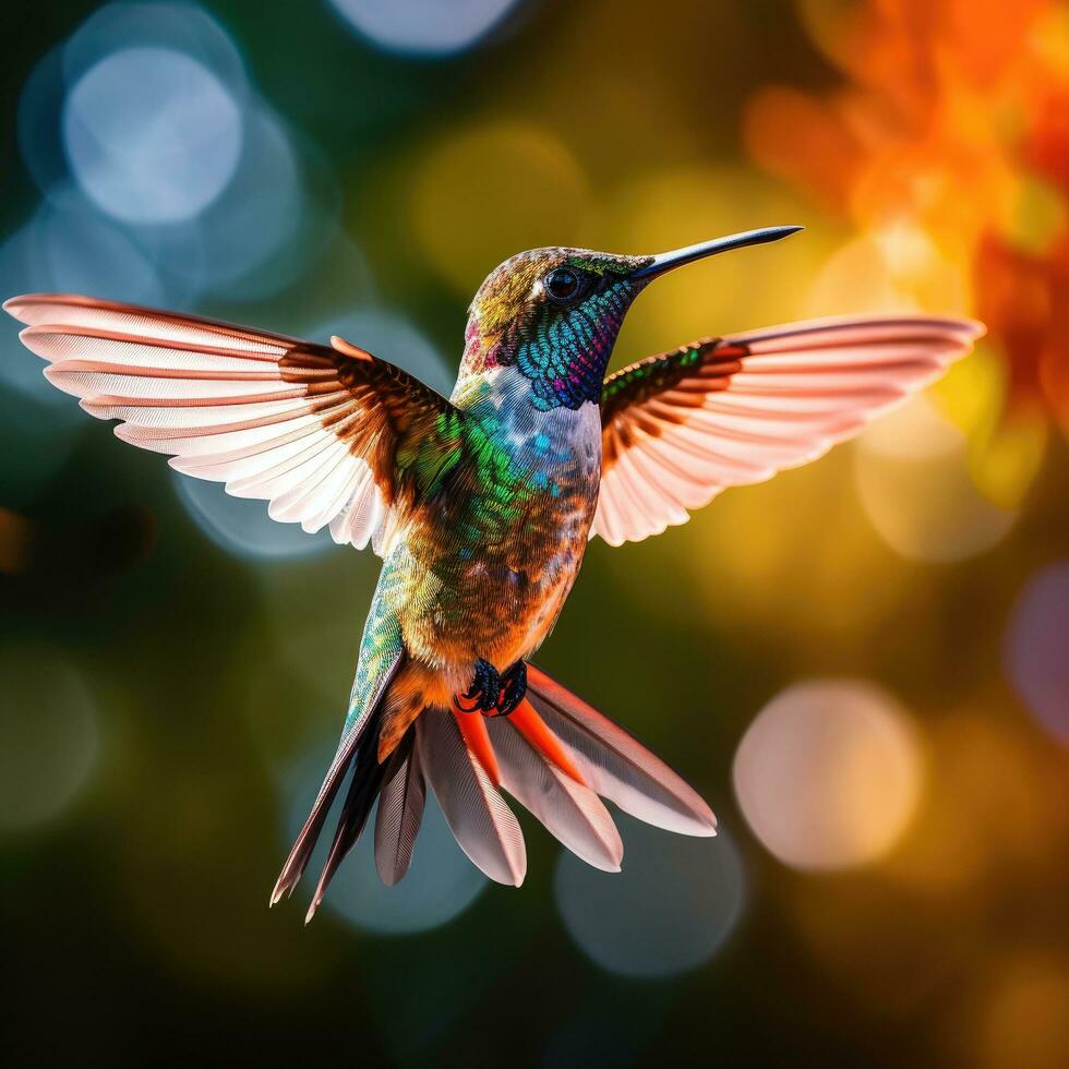 ai généré une vibrant colibri planant dans en l'air, ses iridescent plumes scintillant dans le lumière du soleil photo